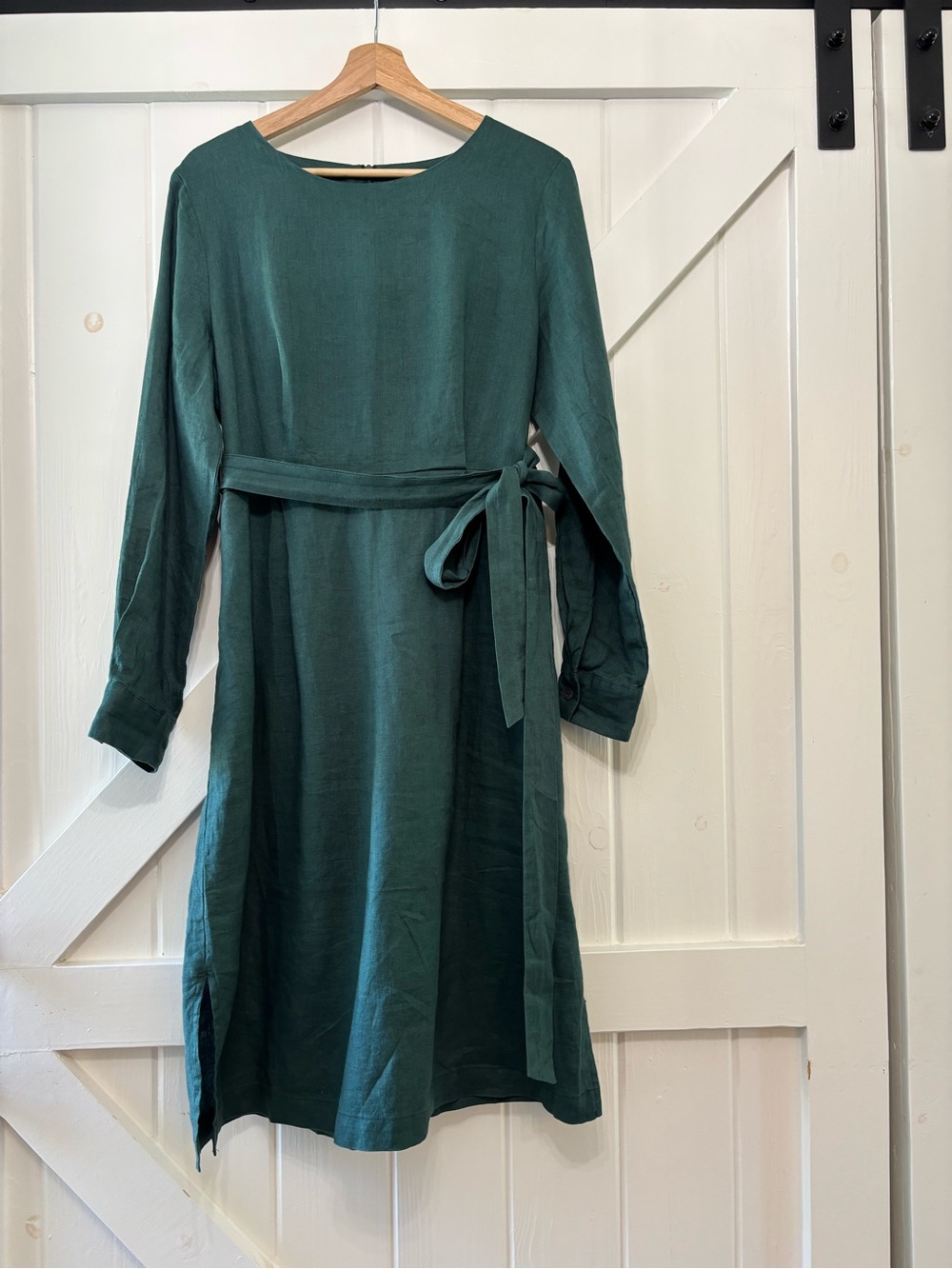 Grae Cove Linen Midi Dress Teal Green Tie-Waist Long Sleeve Dress Pockets L - Picture 2 of 9
